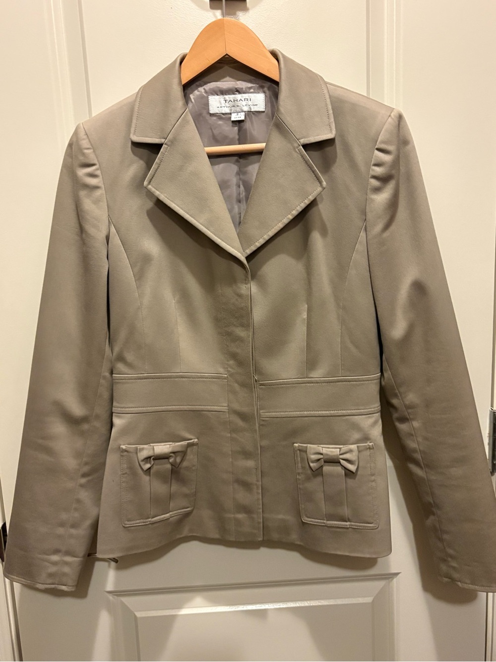 Tahari Khaki Tailored Blazer with Front Bow Pockets